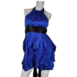 BcbgMaxAzria Layla Size O Blue & Black Tiered Ruffle Satin Halter Top Y2K Dress